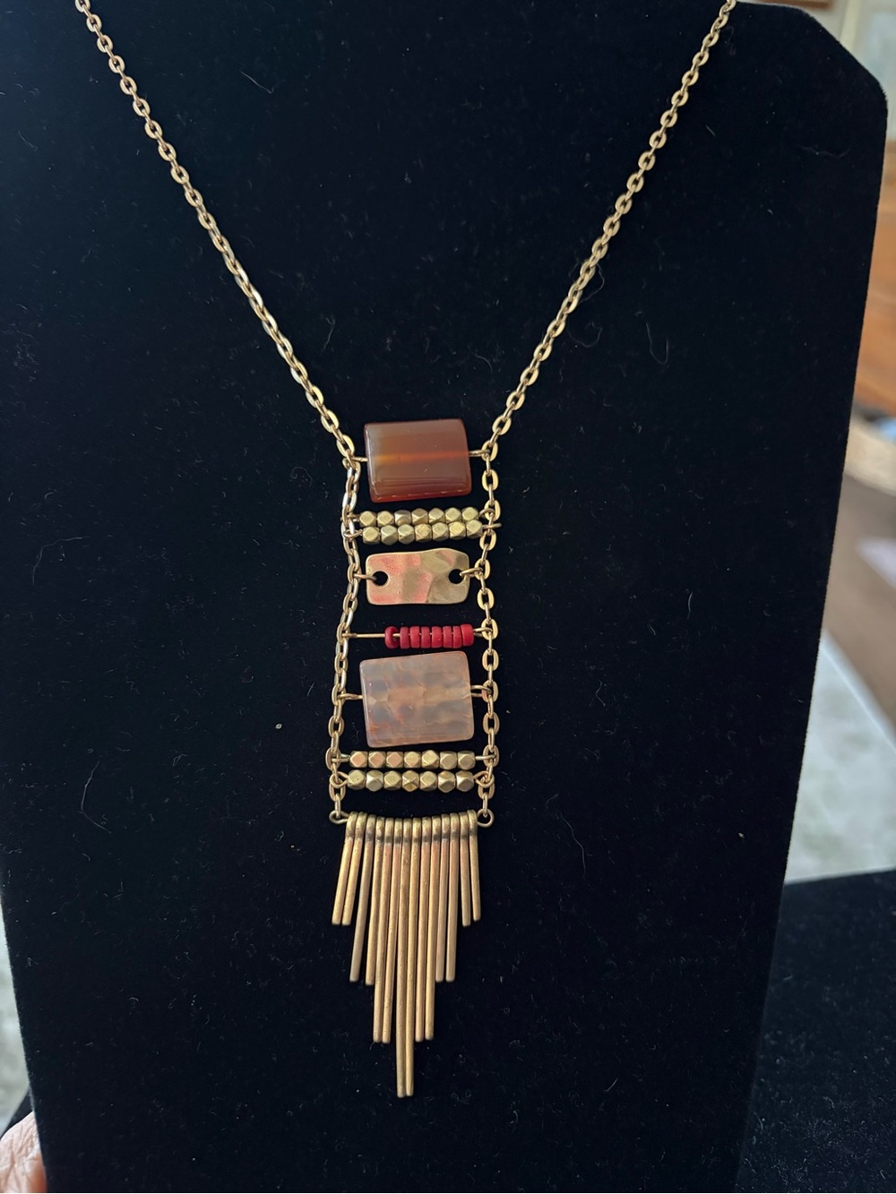 Gold-Tone Boho Fringe Pendant Necklace with Brown Accent Beads